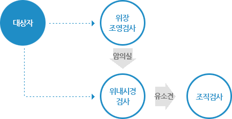 01.대상자→위장조형검사(암의실)→위내시경검사(유소견)→조직검사, 02.대상자→위내시경검사(유소견)→조직검사
